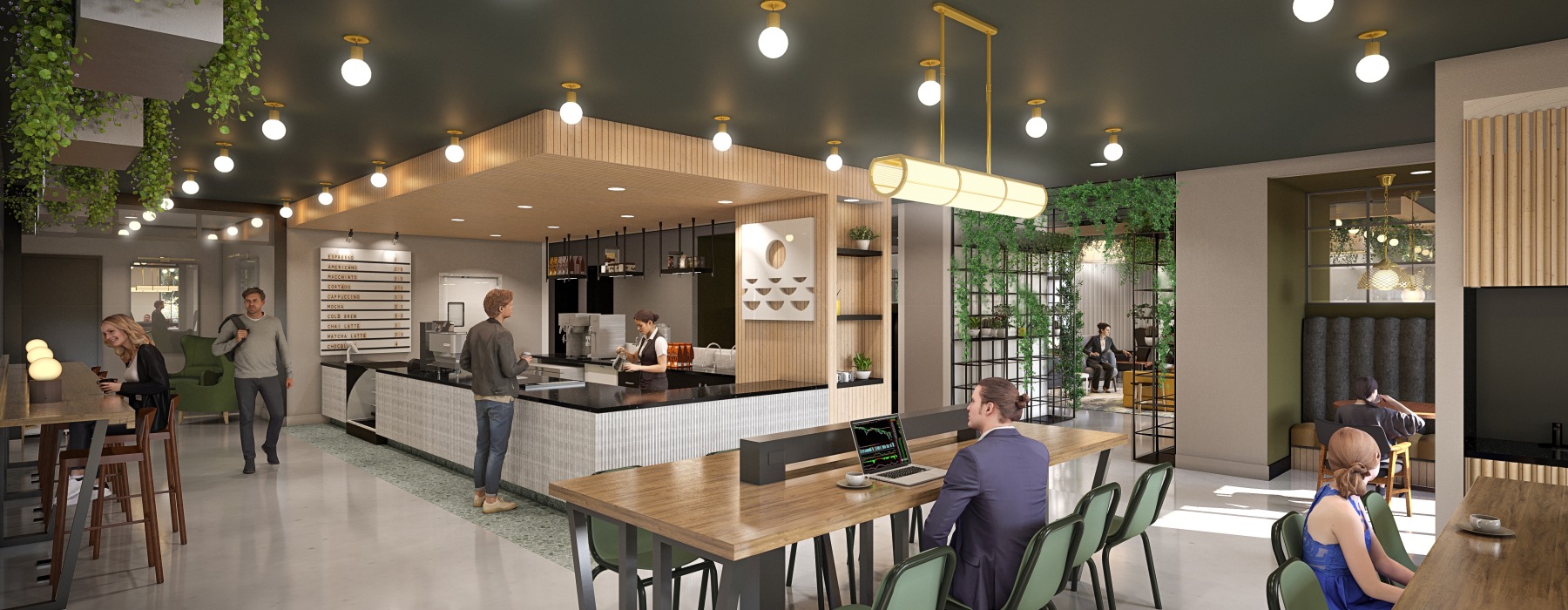 Residents lounge and co-working space at luxury apartments in LoSo Charlotte NC with modern seating, greenery, and social spaces