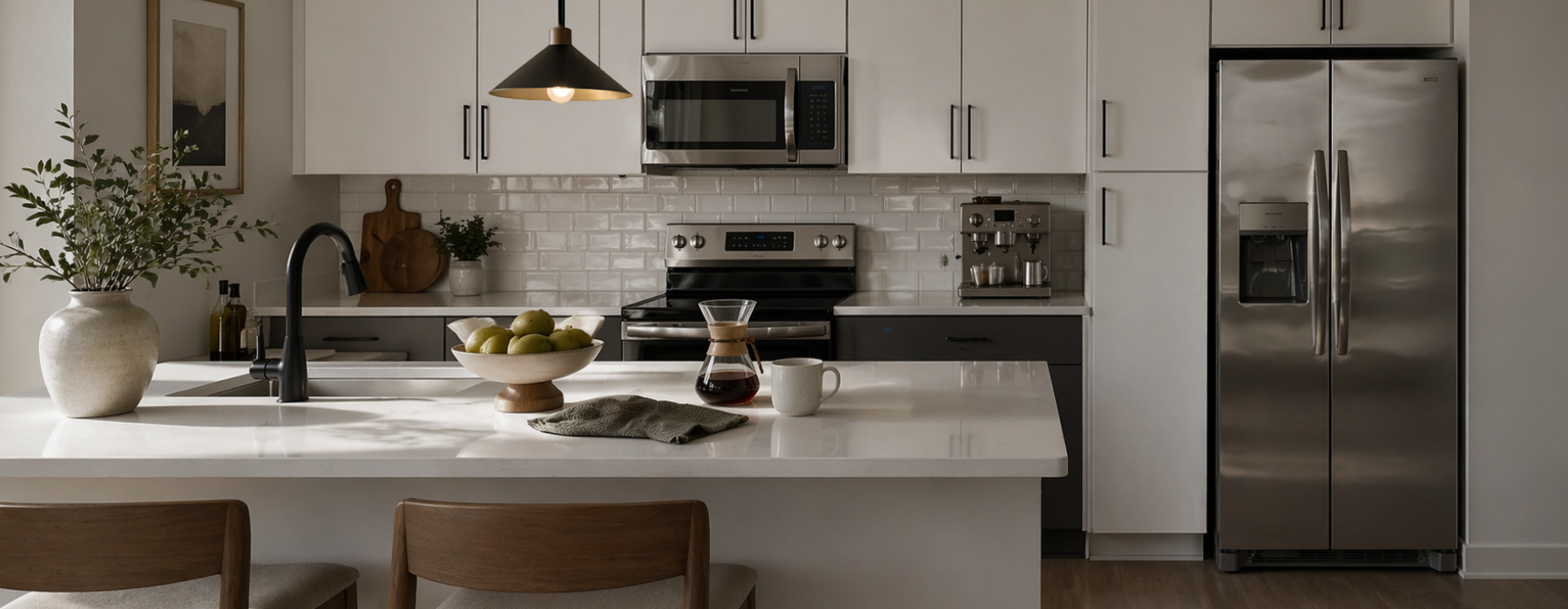 Modern apartment kitchen with white cabinetry, quartz countertops, stainless steel appliances, and styled island